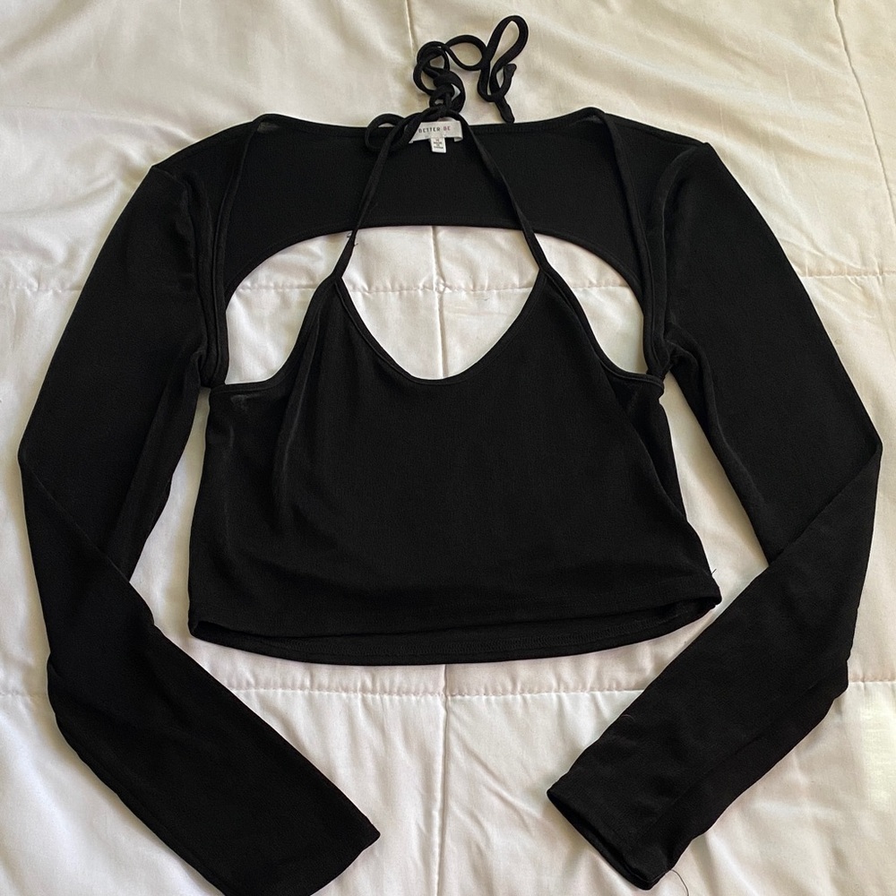 Better Be Black Cutout Halter Crop Top with Long Sleeve Bolero